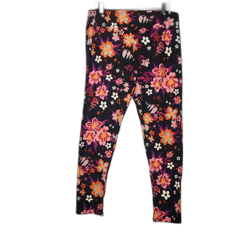 LuLaRoe Black Pink Orange Floral Leggings PJ Pajama Pants Womens Plus Size TC2